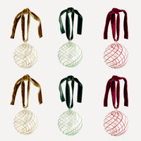 Issy Granger Green Red Gold Swirl Glass Christmas Baubles. Glass Christmas Ornaments. Glass Christmas Tree decorations. Velvet Ribbon. Set of six decorations.