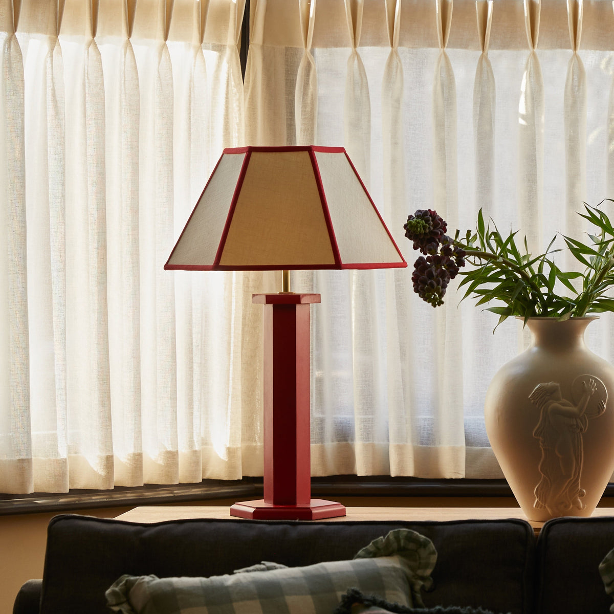 Issy Granger Red Table Lamp. Hexagon Lamp and Lampshade