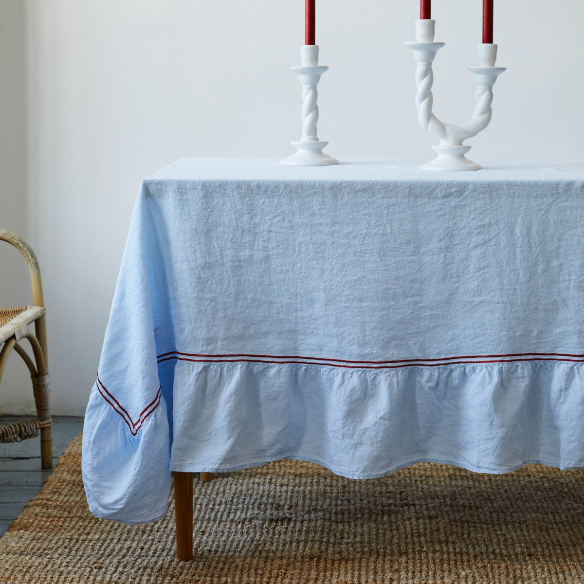 Issy Granger Double Piped Blue Linen Tablecloth