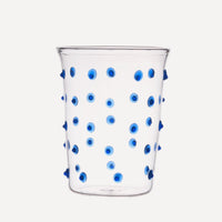 Issy Granger Glass. Glass tumbler. Spotty Blue Glass. Blue Pom Glass. Blue Dotty Water Glass.