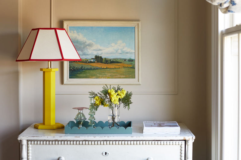 Issy Granger Yolk Yellow Hexagon Lamp and Red Lampshade