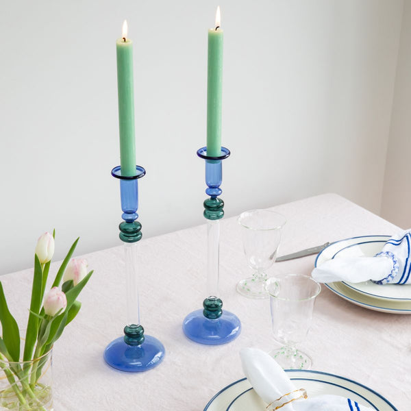 Bugle Glass Candlestick - Blue & Teal