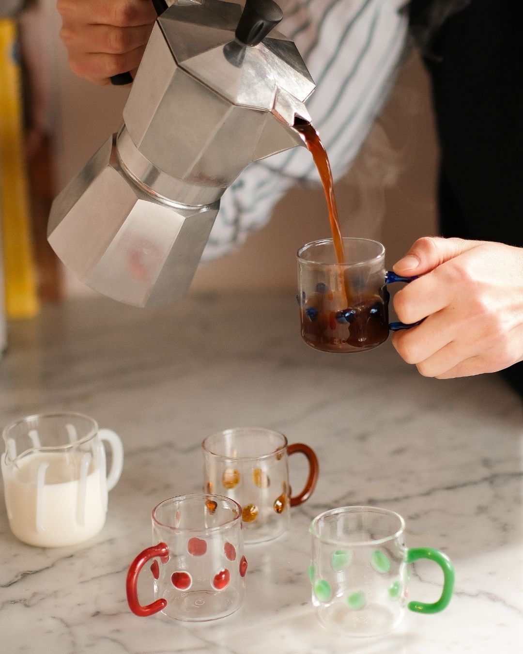 4oz Handblown Glass Espresso Cup Set of  Four Issy Granger Issy Granger Wine Glass Handblown Glass Milk Jug Pouring Coffee 