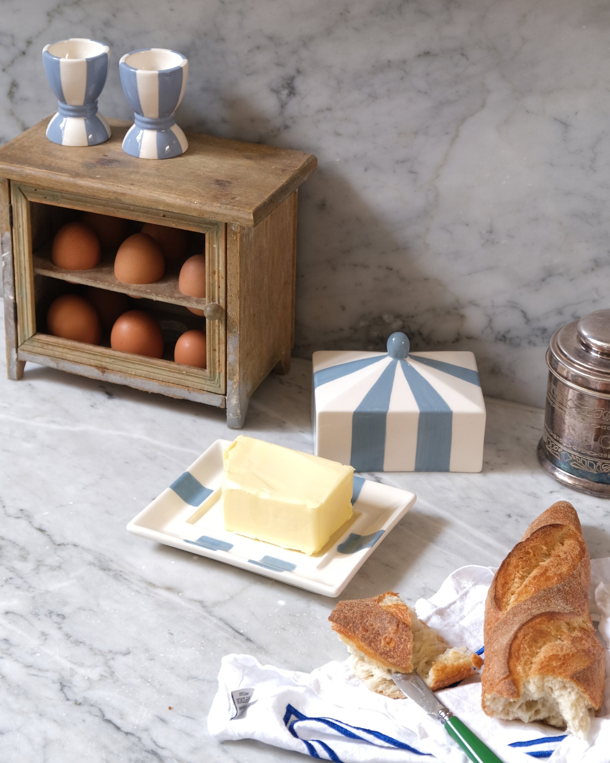 Circus Striped Ceramic Butter Dish Blue and White Stripes Issy Granger Ceramic Egg Cup and Vintage Egg Holder 