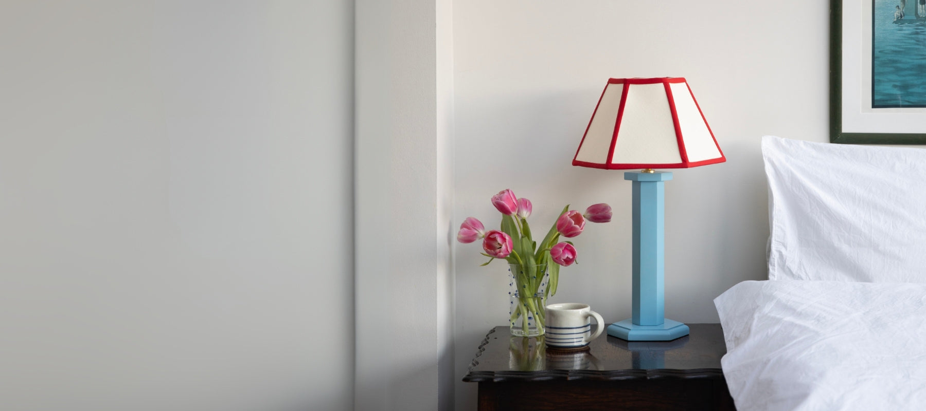 Blue Hexagon Table Lamp Red Lampshade