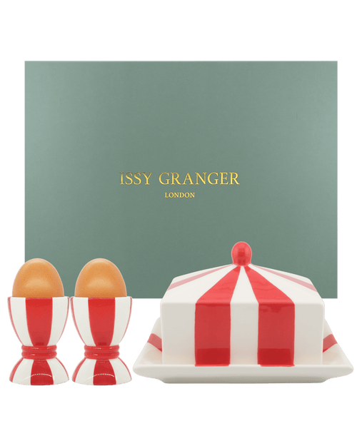 Breakfast Gift Set Butter Dish and Egg Cup Set Red and White Stripes Issy Granger 