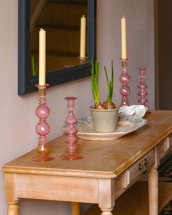 Buto Pink Glass Candle Holder Candlestick Issy Granger Cream Wax Dinner Candle 