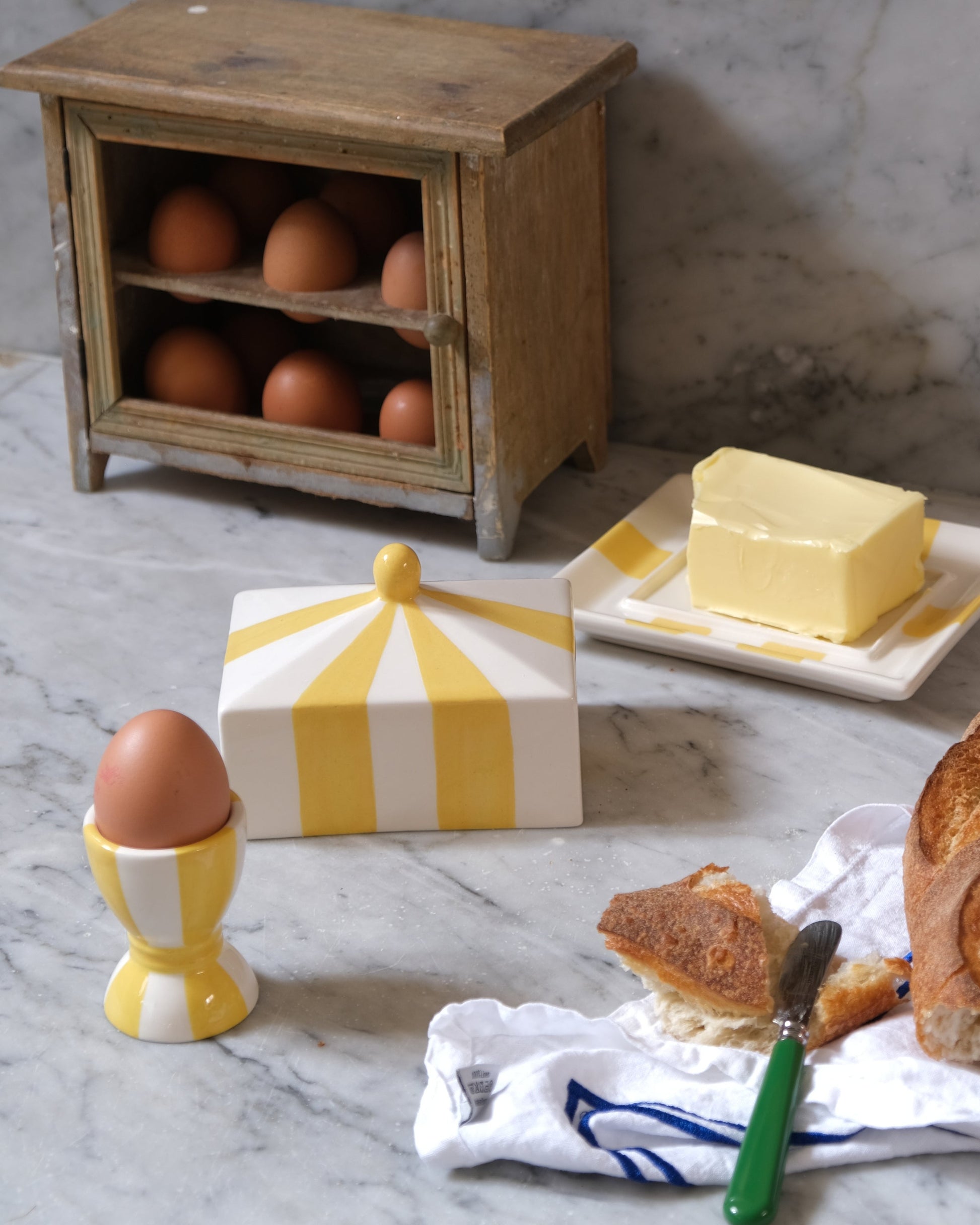 Circus Striped Ceramic Butter Dish Yellow and White Stripes Block of Butter Issy Granger Vintage Egg Holder 