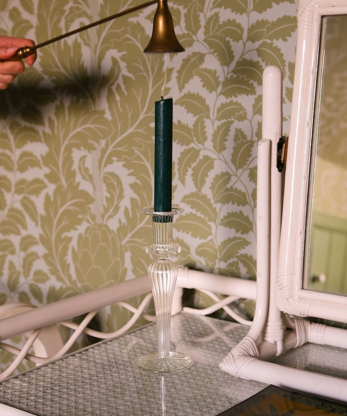 Esna Clear Glass Candle Holder Candlestick Issy Granger Dark Green Wax Dinner Candle Candle Snuffer