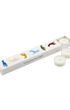 A gift set of six hand-poured tea light candles in a white cardboard tray with illustrations of six hands in different colors and the text 'Six hand poured six tea lights'. Two candles are shown standing outside the tray, and four are inside. Issy Granger 