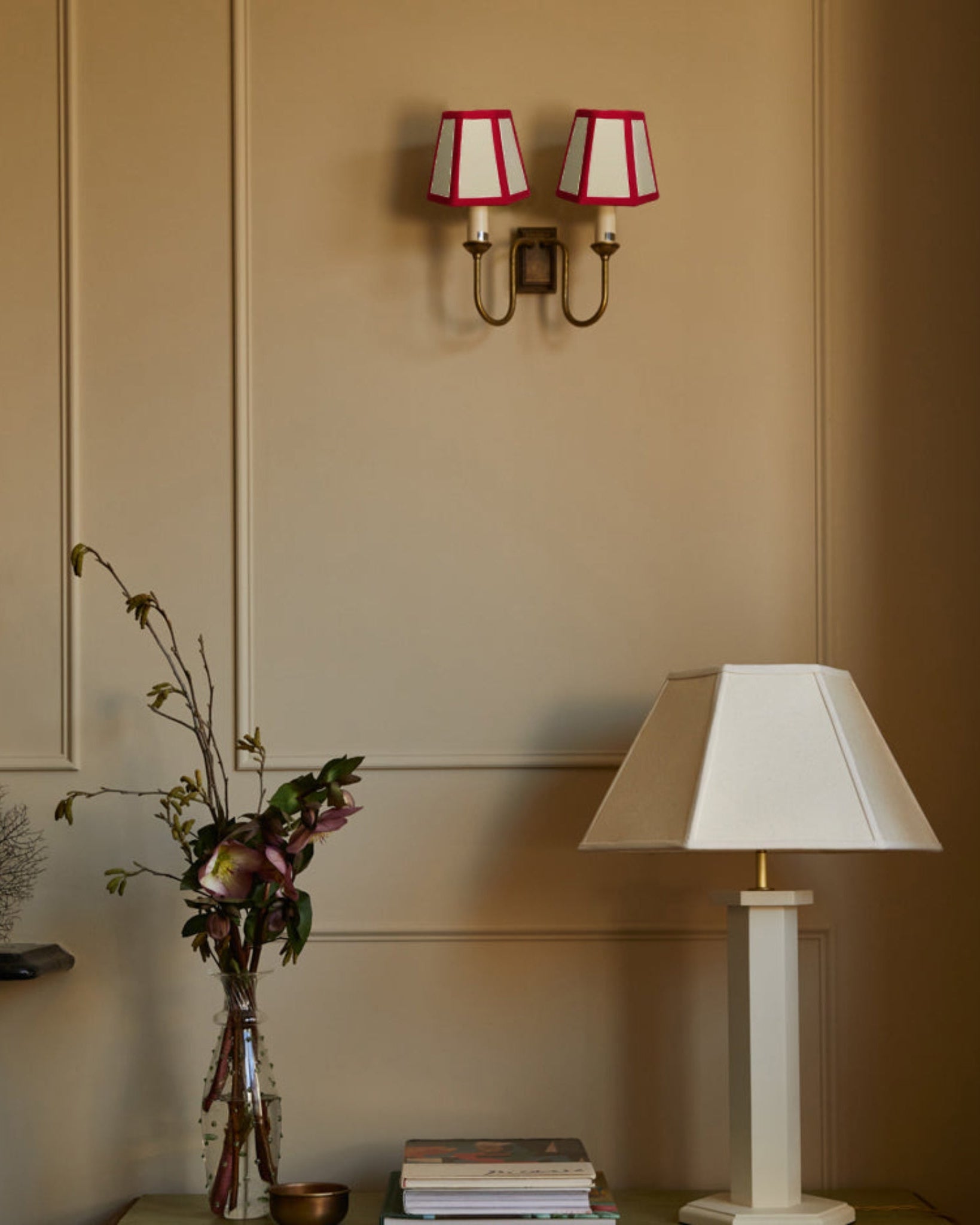 HexagonLinenLampshade_RedTrim-CandleShade