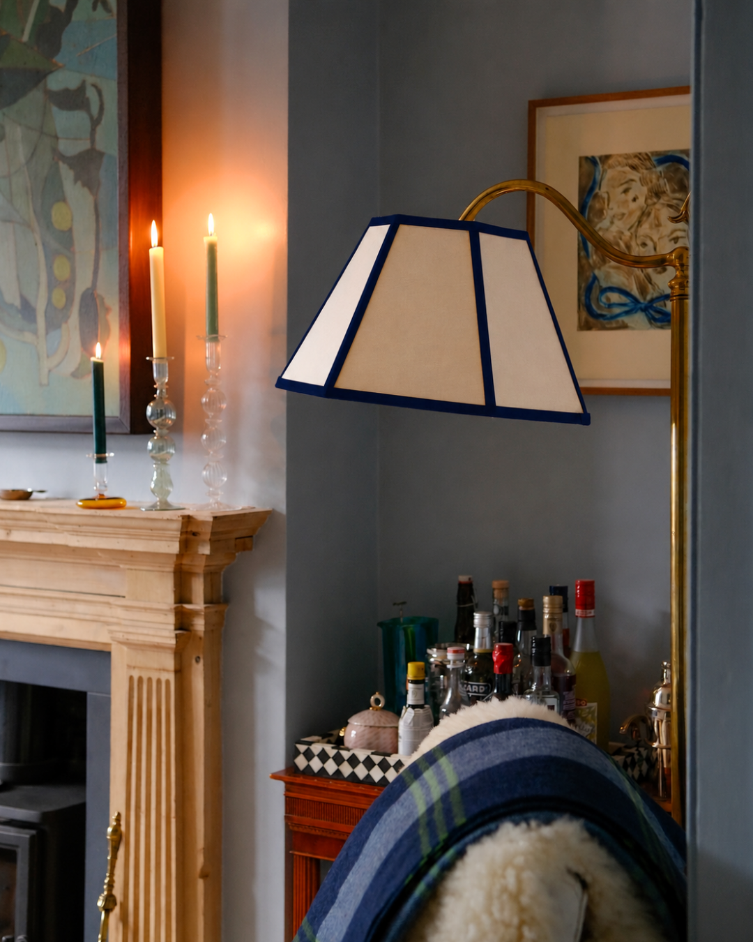 Hexagon Linen Lampshade, Navy Trim - Large