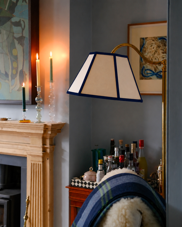 Hexagon Linen Lampshade, Navy Trim - Large