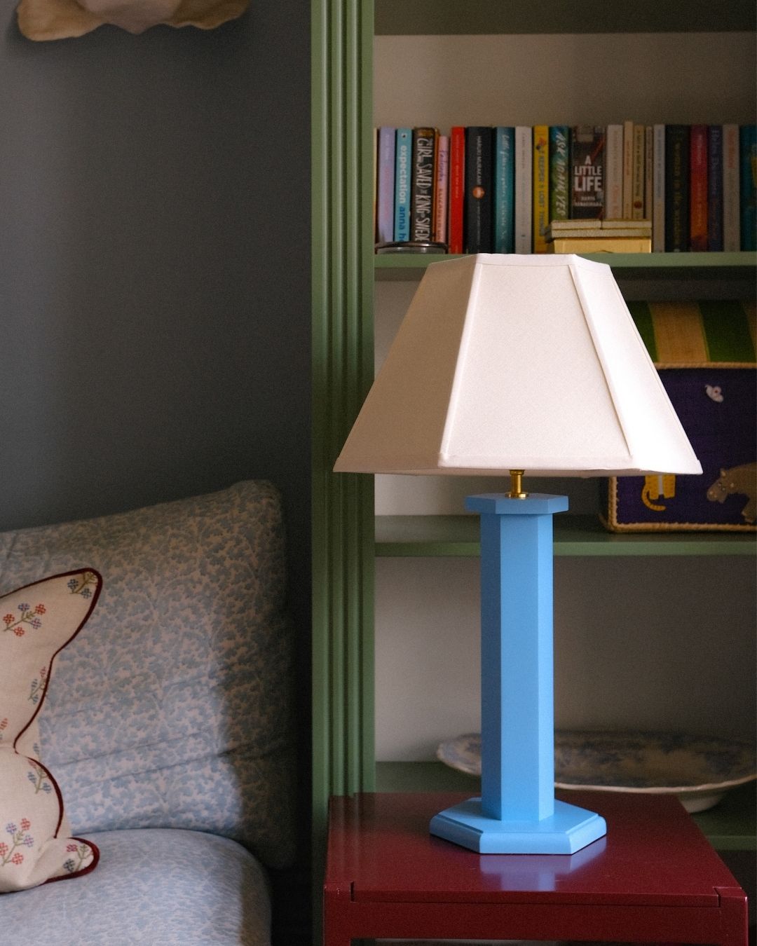 Hexagon Table Lamp Beaufort Blue Issy Granger Cream Trim Linen Medium Lampshade 