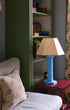 Hexagon Table Lamp Beaufort Blue Issy Granger Cream Trim Linen Medium Lampshade 
