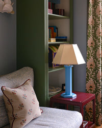 Hexagon Table Lamp Beaufort Blue Issy Granger Cream Trim Linen Medium Lampshade 