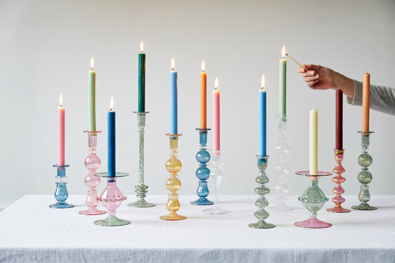 Issy Granger Colourful Glass Candlesticks Candle Holders Candlesticks Pink, Green, Blue, Yellow, Amber, Clear