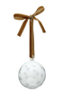 A clear glass Christmas ornament bauble with etched stars, hanging from a gold velvet ribbon tied in a bow. christmas tree decoration 