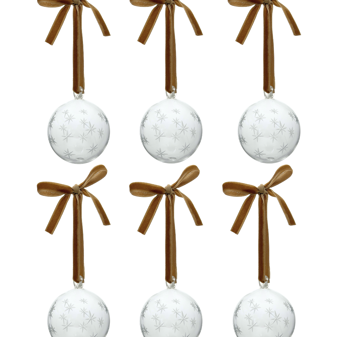 Set of six glass tar etched christmas tree baubles with gold velvet ribbon 