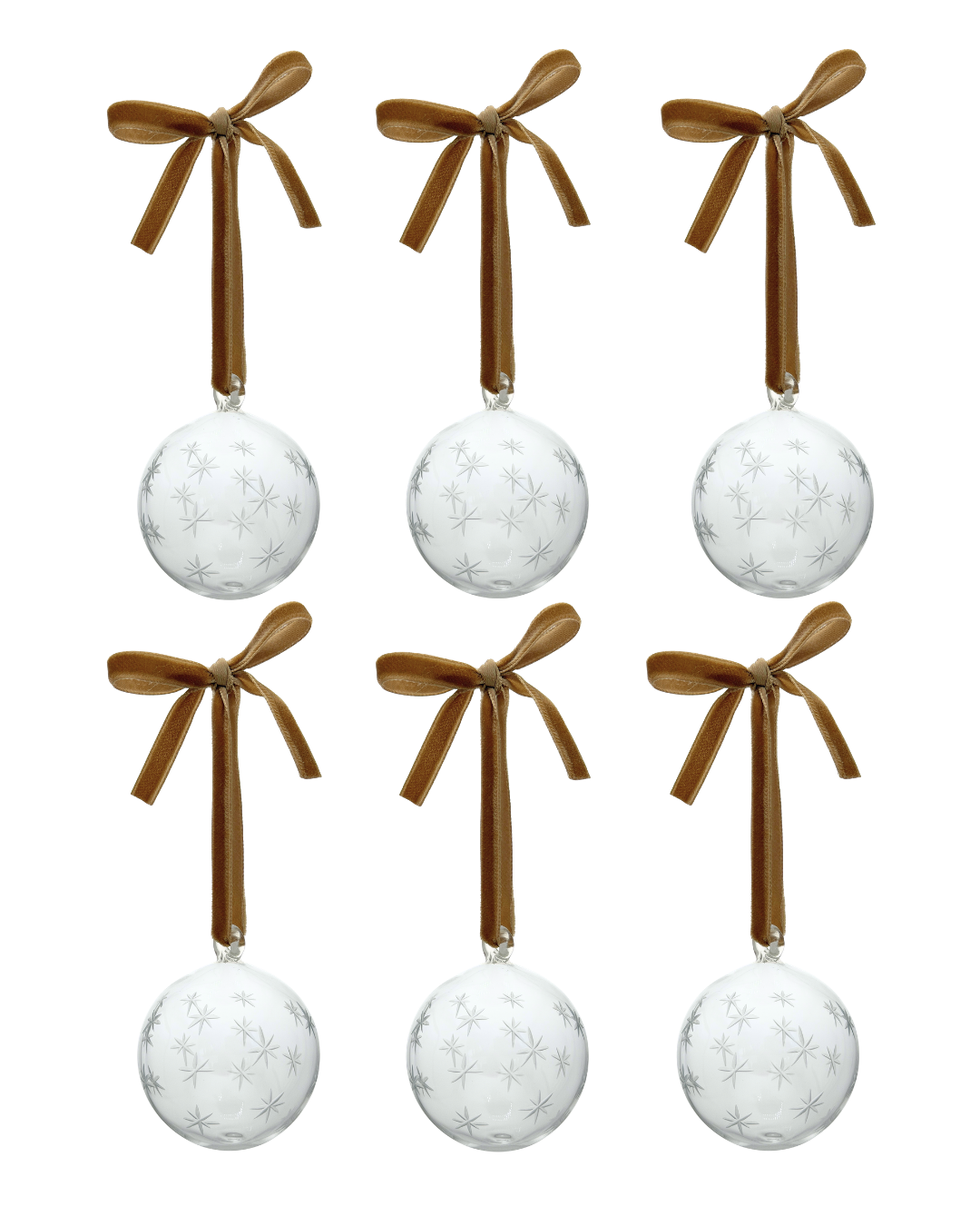 Set of six glass tar etched christmas tree baubles with gold velvet ribbon 