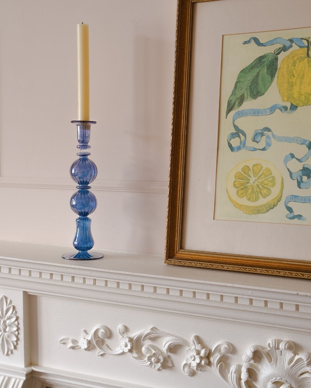 Ombo Glass Candle Holder Blue Issy Granger Cream wax Dinner Candle 