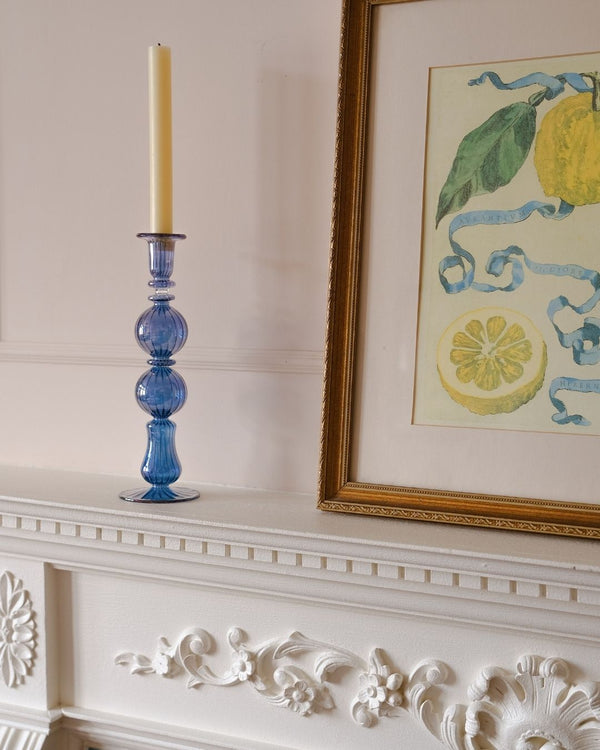 Ombo Glass Candle Holder Blue Issy Granger Cream wax Dinner Candle 