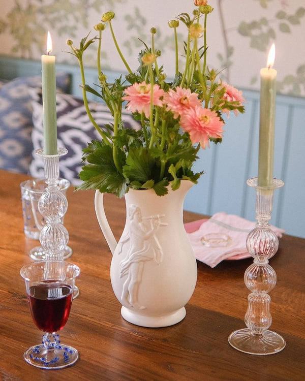 Ombo Clear Glass Candle Holder Candlestick Issy Granger Wine glass and pale green wax dinner candle 