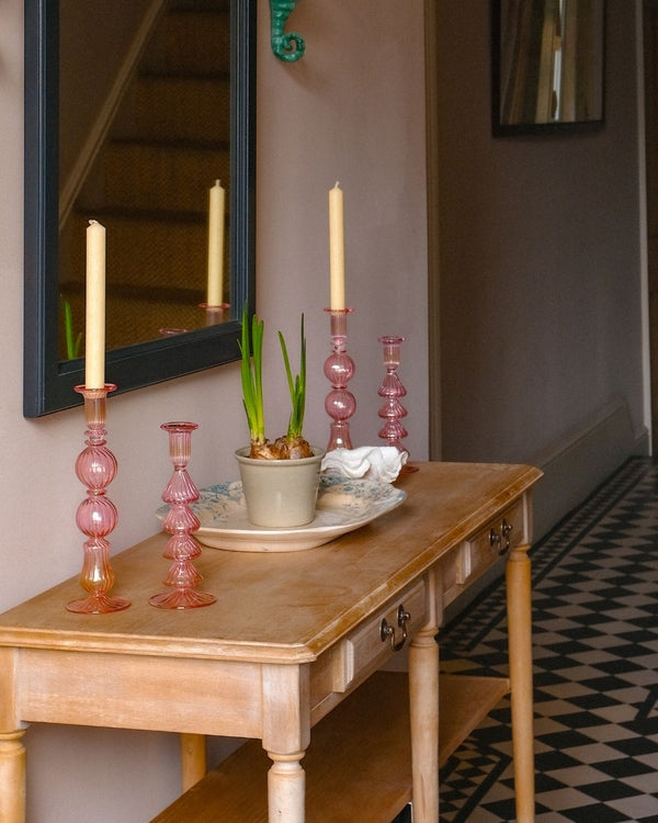 Ombo Glass Candle Holder Pink Candlestick Issy Granger Cream Wax Dinner Candles 