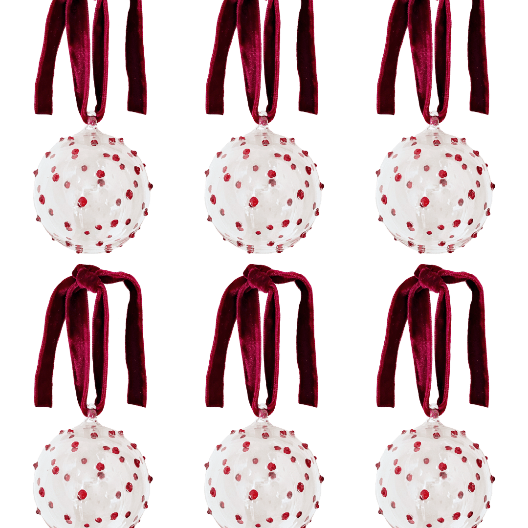 Box of Six Pom Glass Baubles - Red