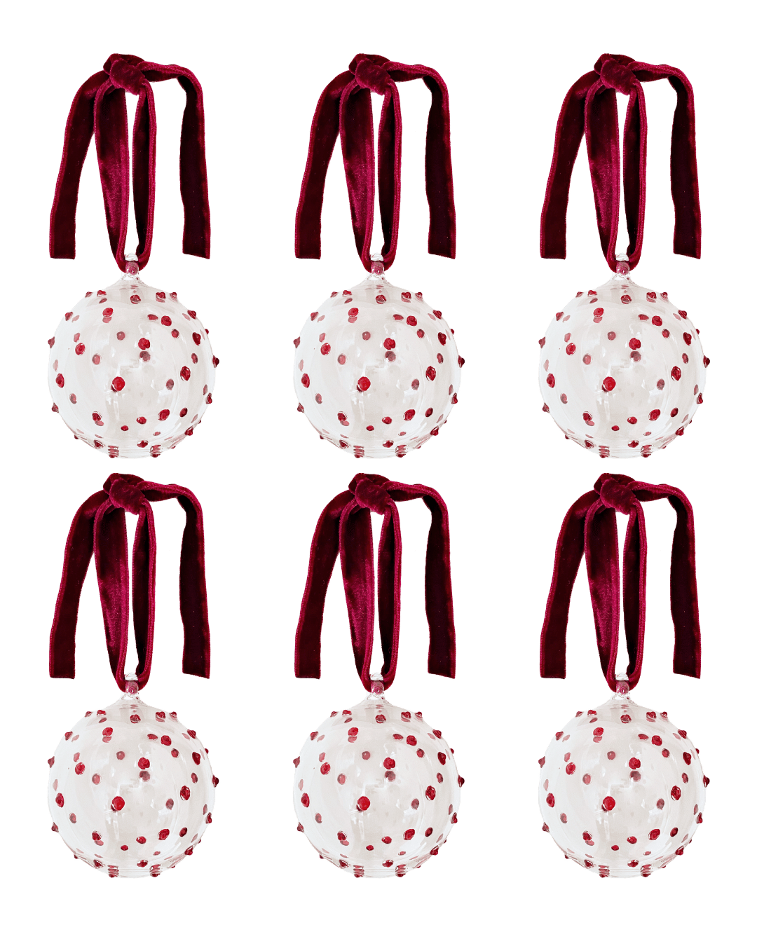 Box of Six Pom Glass Baubles - Red