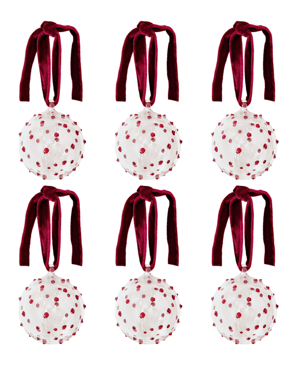 Box of Six Pom Glass Baubles - Red