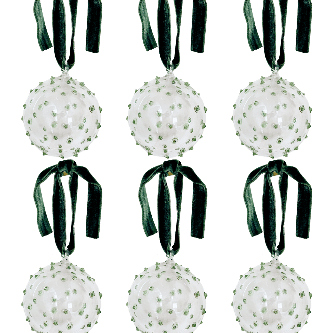 Box of Six Pom Glass Baubles - Green