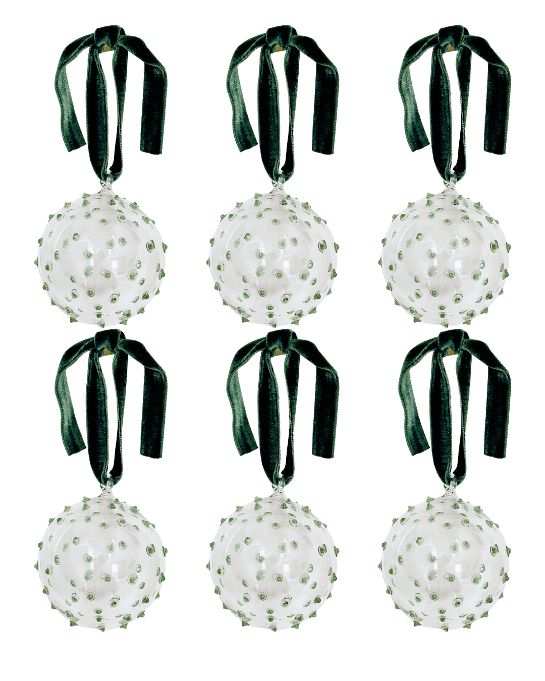 Box of Six Pom Glass Baubles - Green
