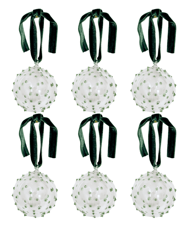Box of Six Pom Glass Baubles - Green