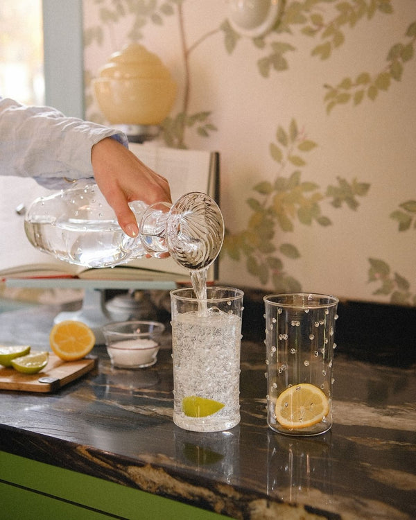 Clear Pom Highball Glass and Clear Pom Water Carafe Issy Granger