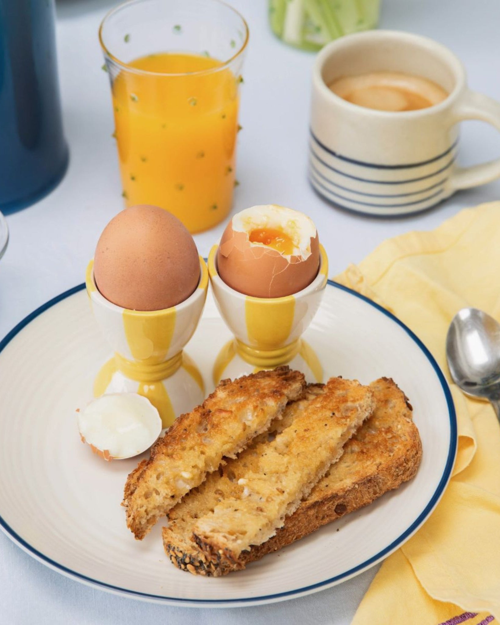 Striped Ceramic Egg Cup Yellow and White Striped Issy Granger Dippy Boiled Eggs and Toast