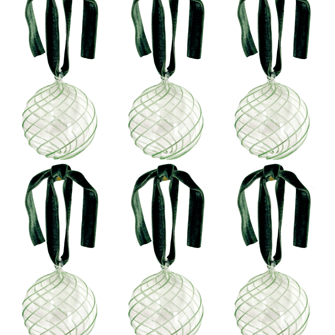 Box of Six Swirl Glass Baubles - Green