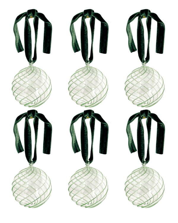 Box of Six Swirl Glass Baubles - Green