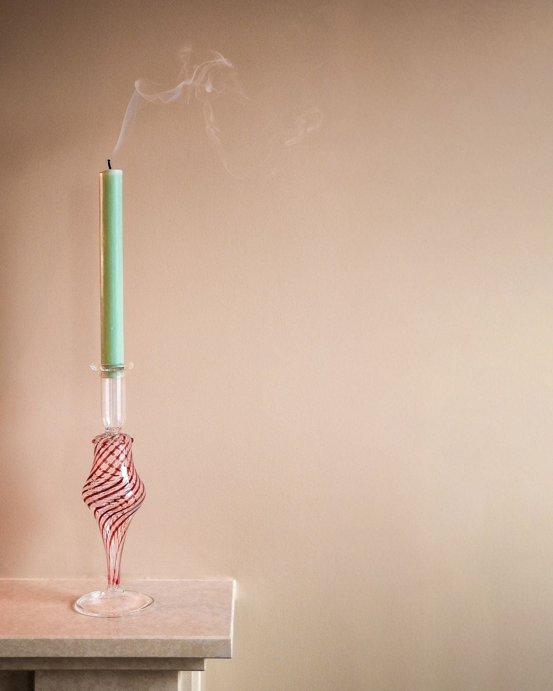 Swirl Tall Candle Holder Glass Candlestick Red and White Issy Granger Light Green Wax Candle