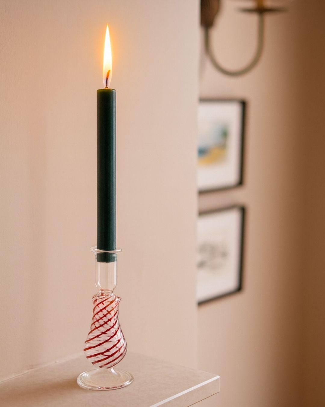 Swirl Short Glass Candle Holder Candlestick Red White Swirls Issy Granger Green Wax Candle
