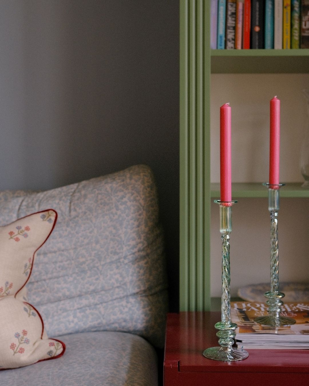 Thebes Green Glass Candle Holder Candlestick Issy Granger Pink Wax Dinner Candle 
