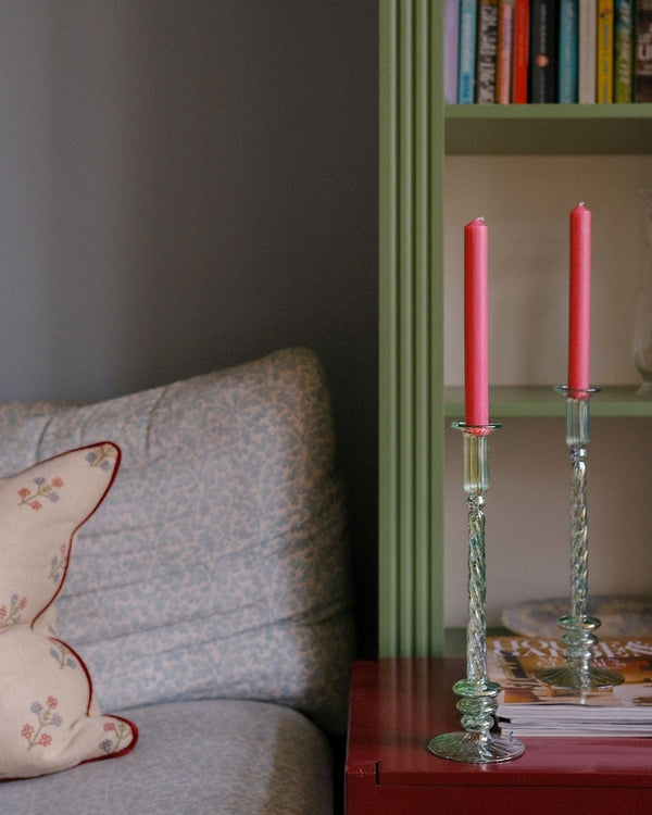 Thebes Green Glass Candle Holder Candlestick Issy Granger Pink Wax Dinner Candle 