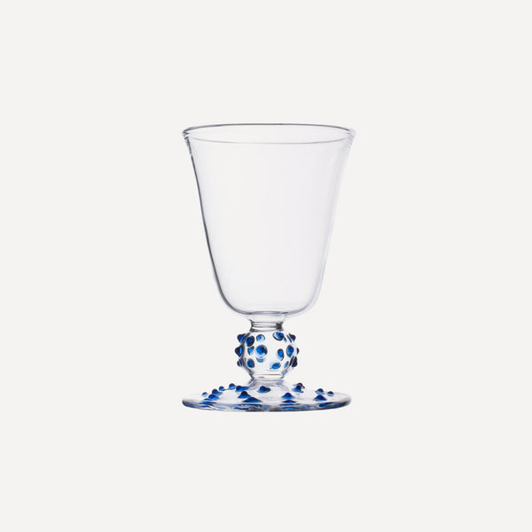 Issy Granger wine glass. Blue Pom Wine Glass. Blue dotty wine glass. Champagne glass