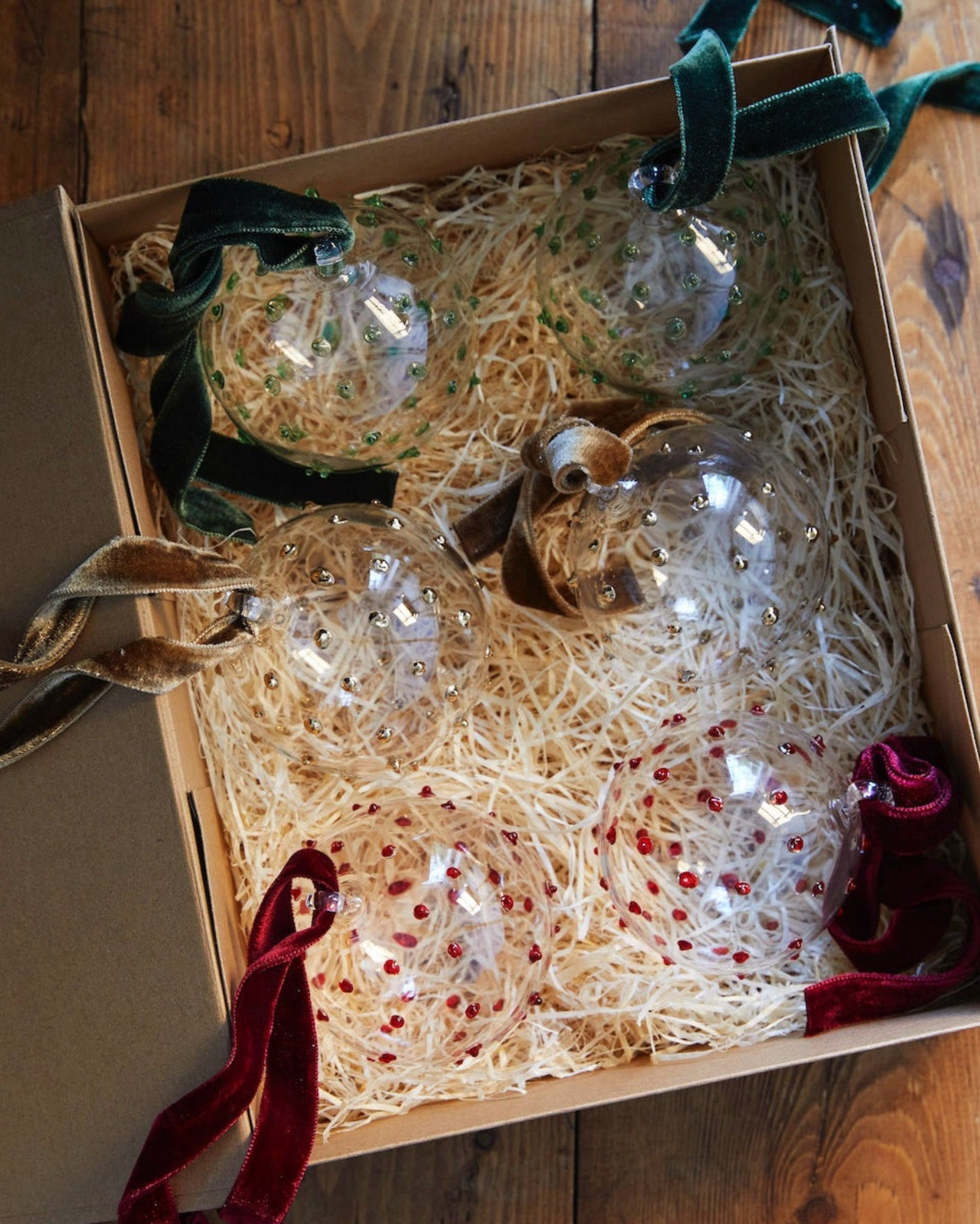 Issy Granger Glass Christmas Baubles. Glass Christmas Ornaments. Box of six Christmas Tree Decorations. Colourful glass christmas tree decorations, ornaments, baubles