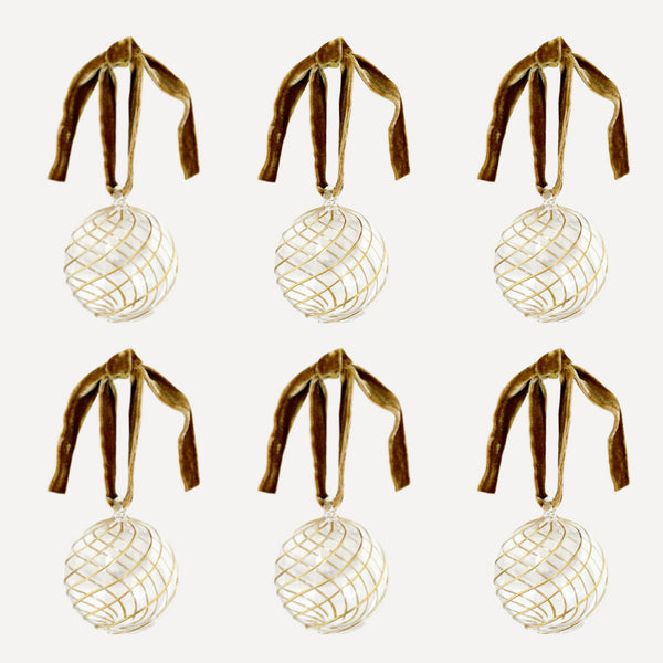 Issy Granger Gold Glass Christmas Baubles. Glass Christmas tree ornaments. Tree decorations. Bx of six glass Christmas baubles. 