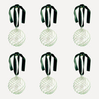 Issy Granger Green Swirl Glass Christmas Baubles. Glass Christmas Ornaments. Glass Christmas Tree decorations. Velvet Ribbon. Set of six decorations.
