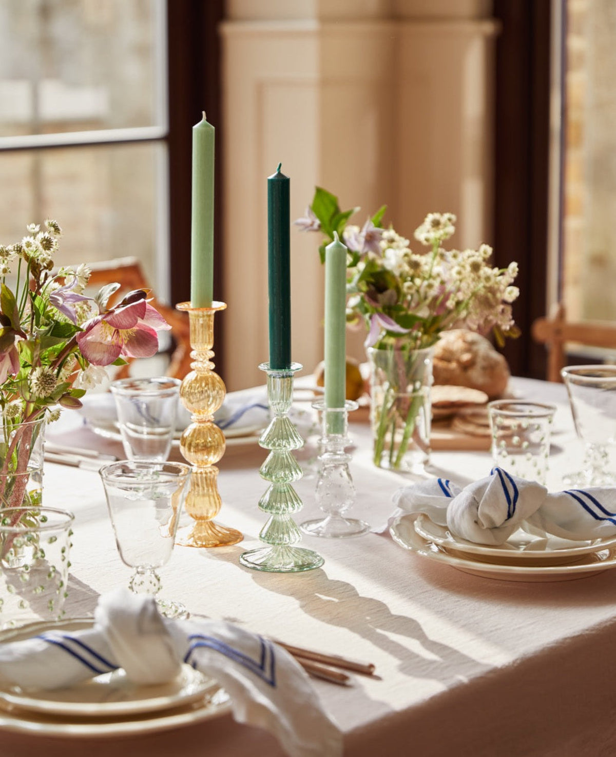 Issy Granger Yellow and Green Glass Candlesticks. Summer tablescape