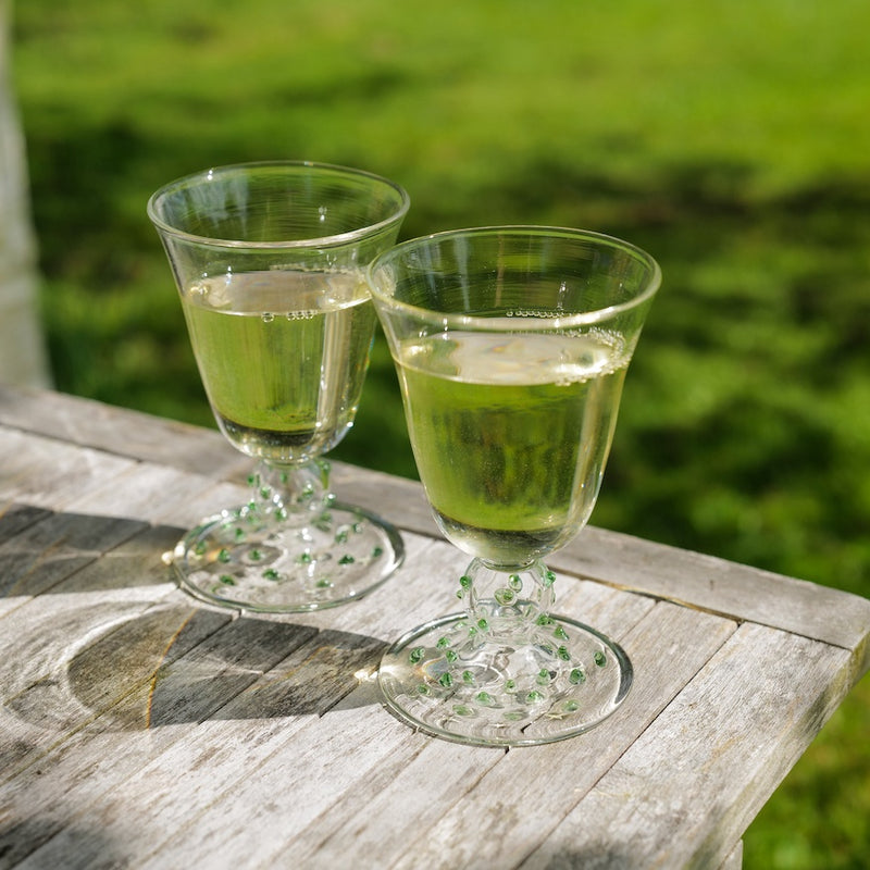 Issy Granger Green Pom Wine Glass Issy Granger Green Pom Wine Glass. Spotty Wine Glass. Dotty Wine Glass. Champagne glass. Set of six glasses