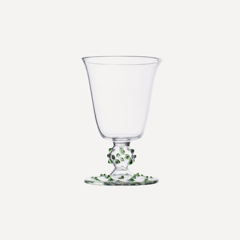 Issy Granger Green Pom Wine Glass. Spotty Wine Glass. Dotty Wine Glass. Champagne glass