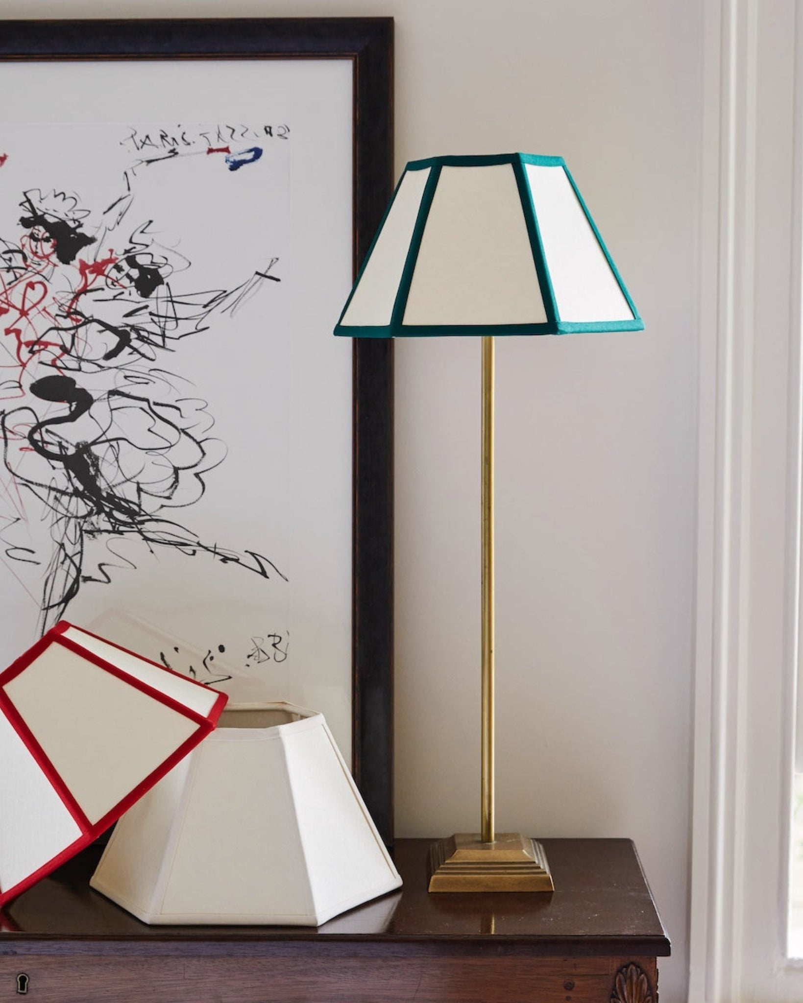 Issy Granger Small Hexagon Cream, Green, Red,Linen Lampshade. Shade. Table Lamp. Lighting Shade